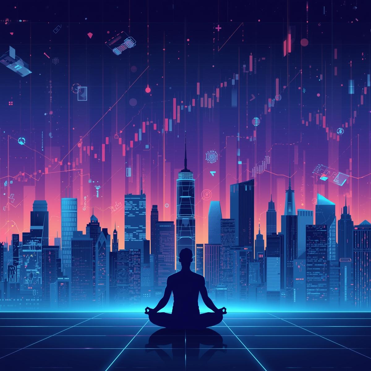 A futuristic city skyline with glowing financial graphs in the sky, a calm trader sitting cross-legged meditating in the foreground, balance between technology and inner peace, modern vector illustration style
