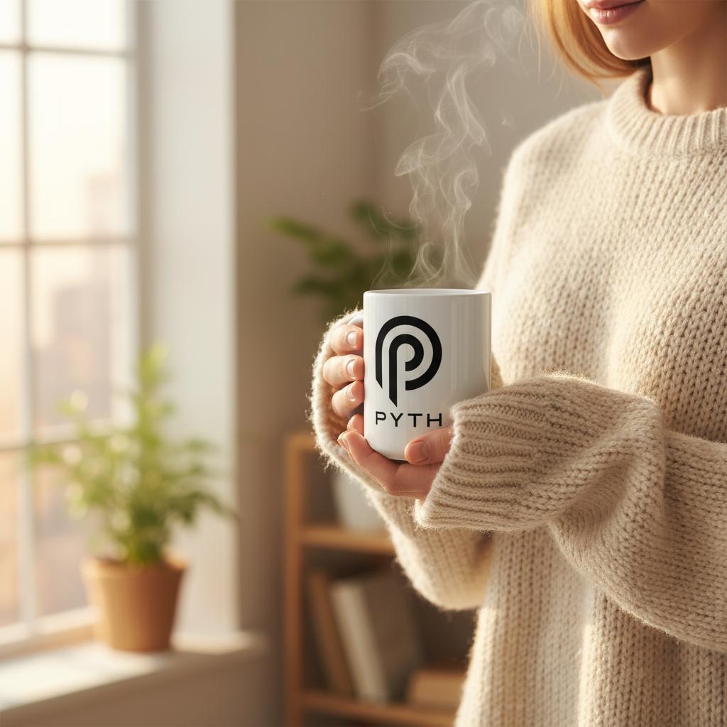 Person holding a mug with a logo and text, standing in a warm indoor setting.
