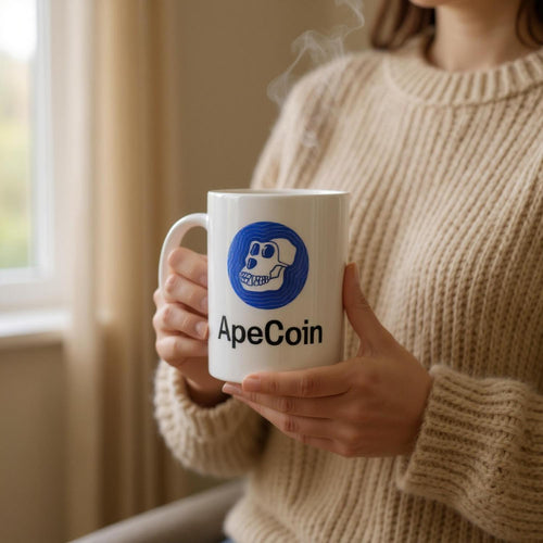 Person holding a mug with ApeCoin logo in a cozy indoor setting