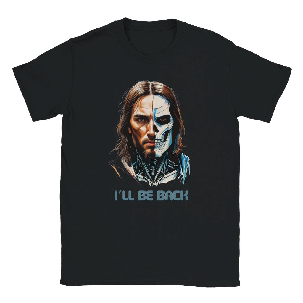 Black t-shirt with a graphic of a character with a skull face and 'I'll Be Back' text on a white background