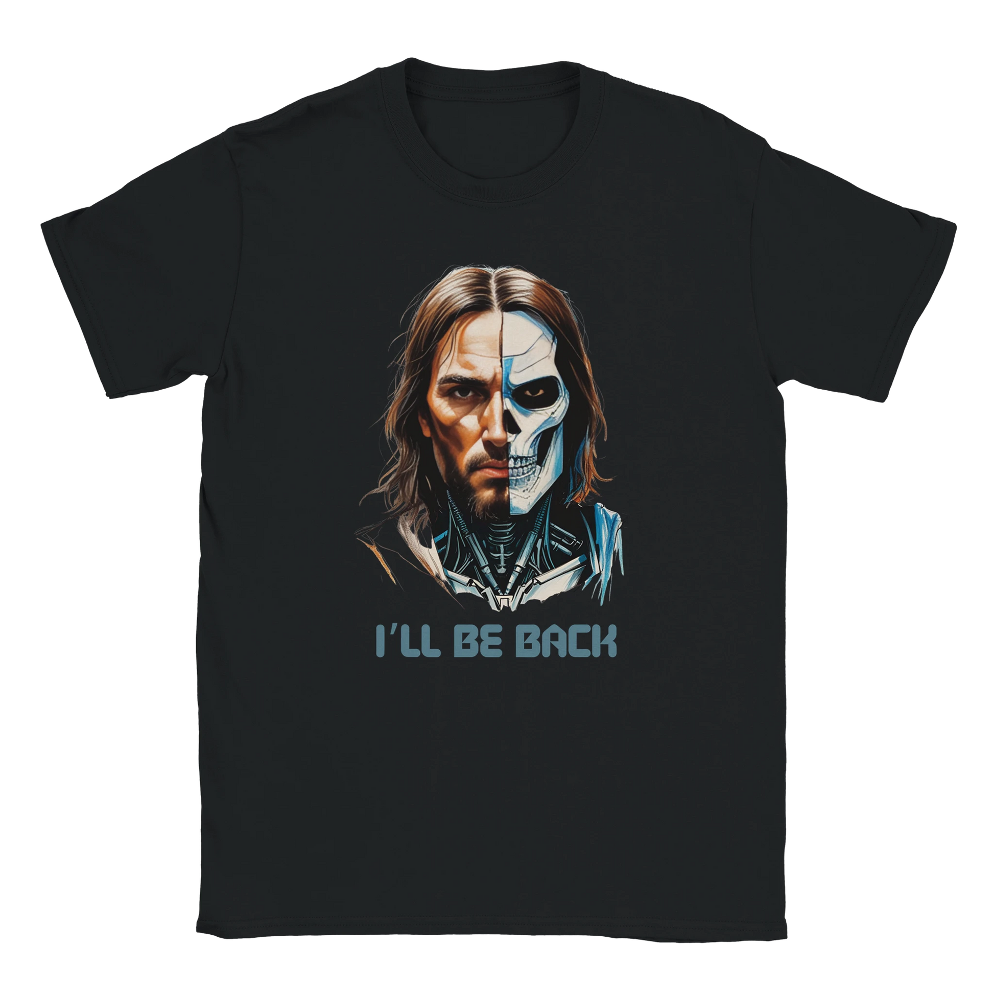 Black t-shirt with a graphic of a character with a skull face and 'I'll Be Back' text on a white background