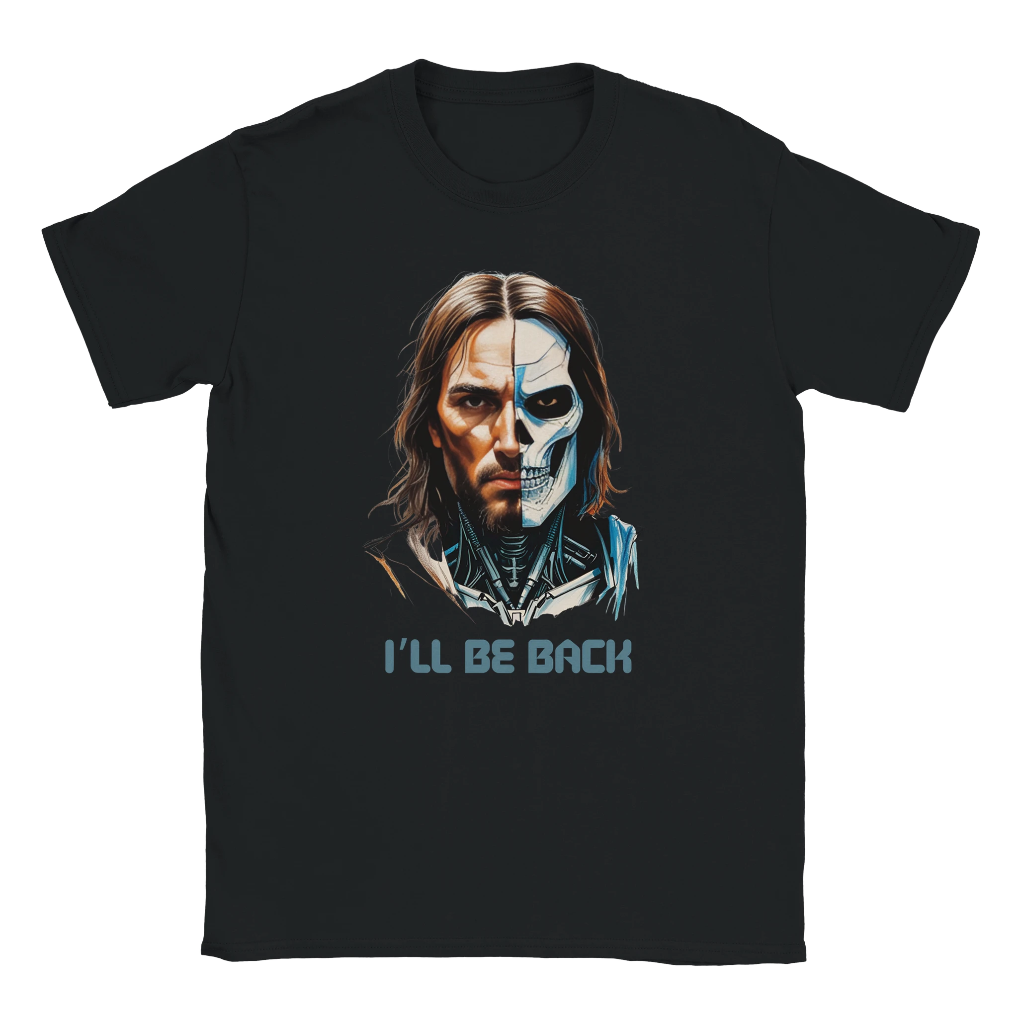 Black t-shirt with a graphic of a character with a skull face and 'I'll Be Back' text on a white background