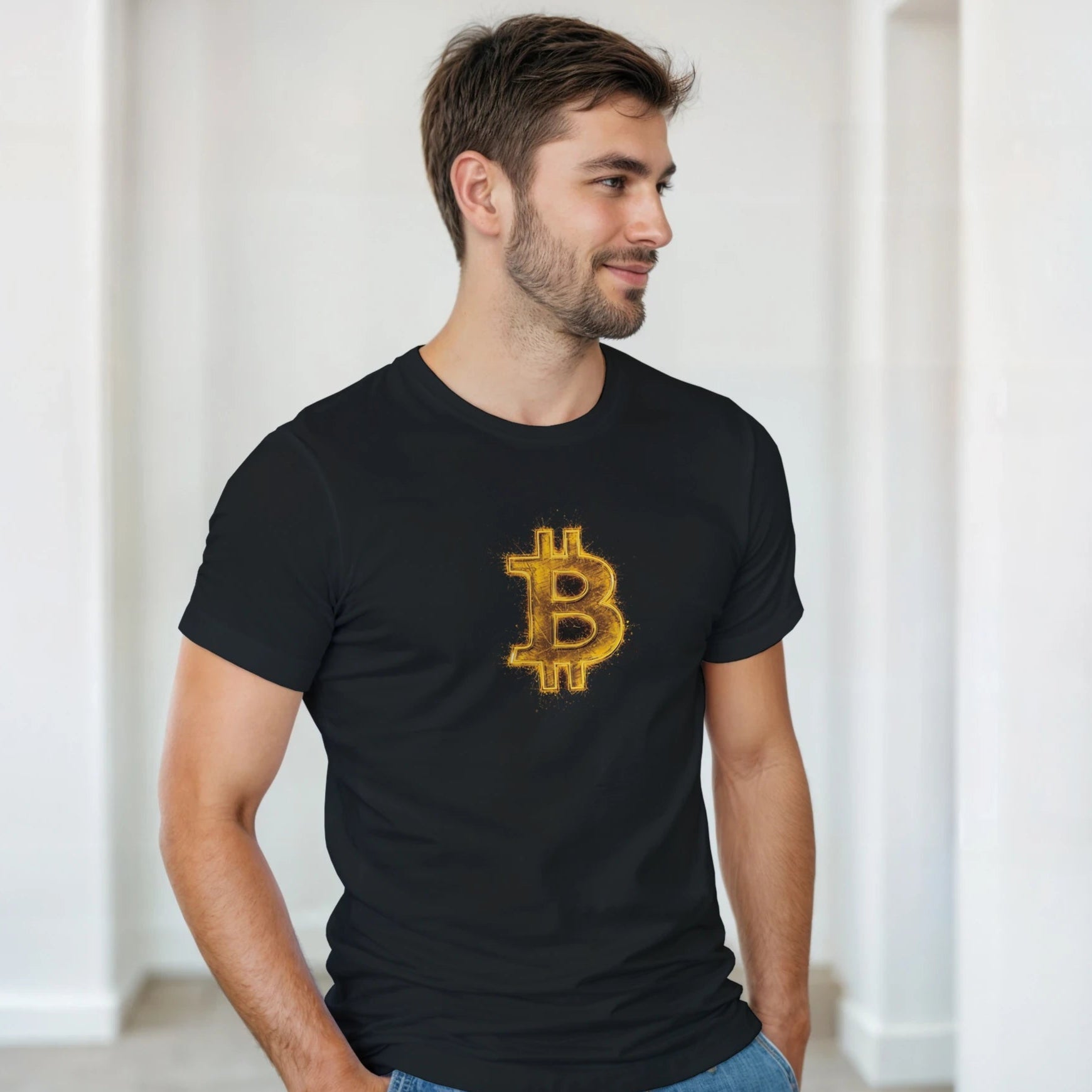 Man wearing a black t-shirt with a Bitcoin symbol in a minimal indoor setting