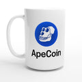 White mug with ApeCoin logo featuring a blue circle and skull design on a white background