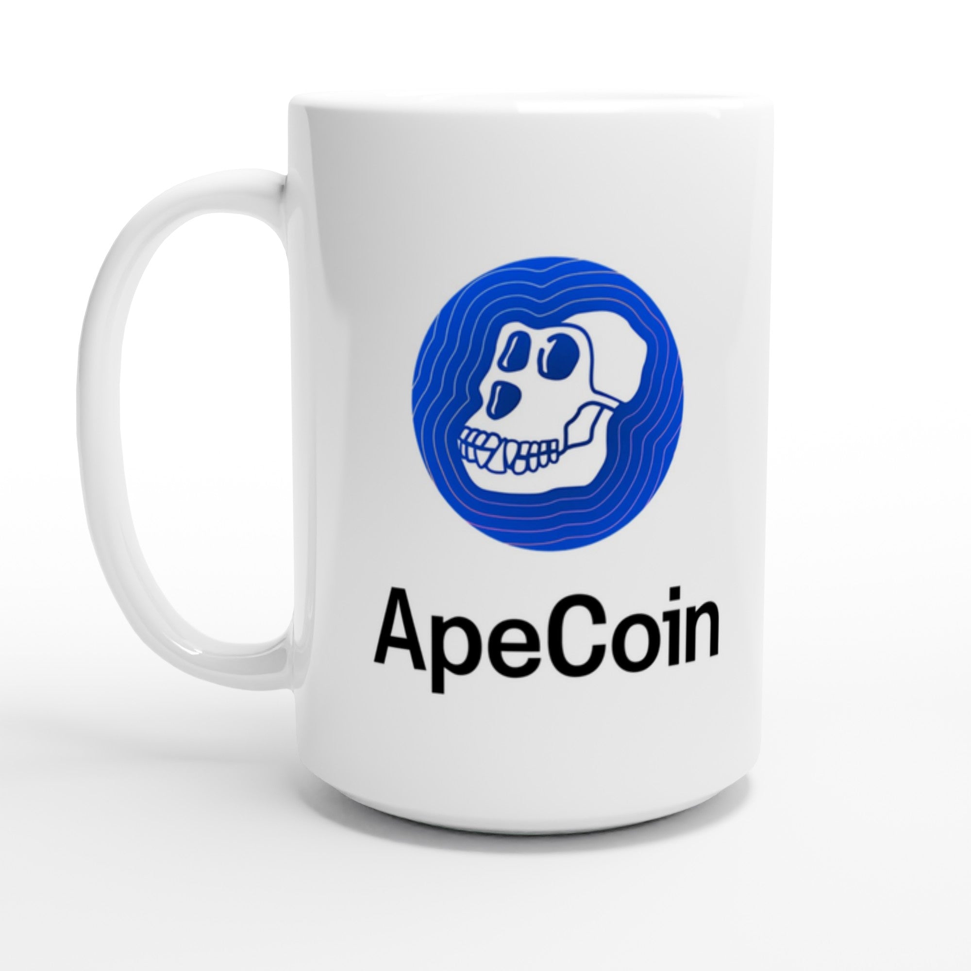 White mug with ApeCoin logo featuring a blue circle and skull design on a white background