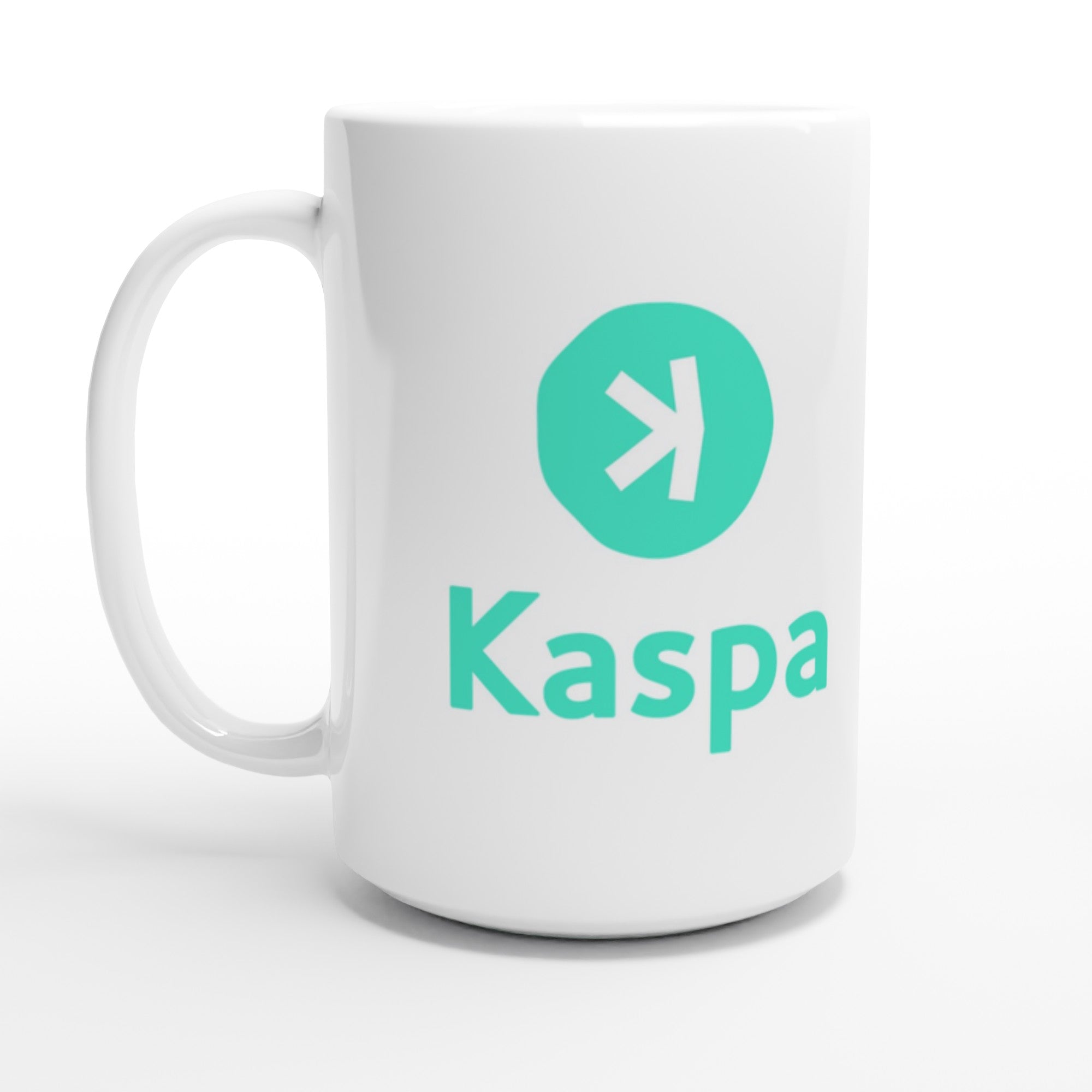 White mug with Kaspa logo on a white background