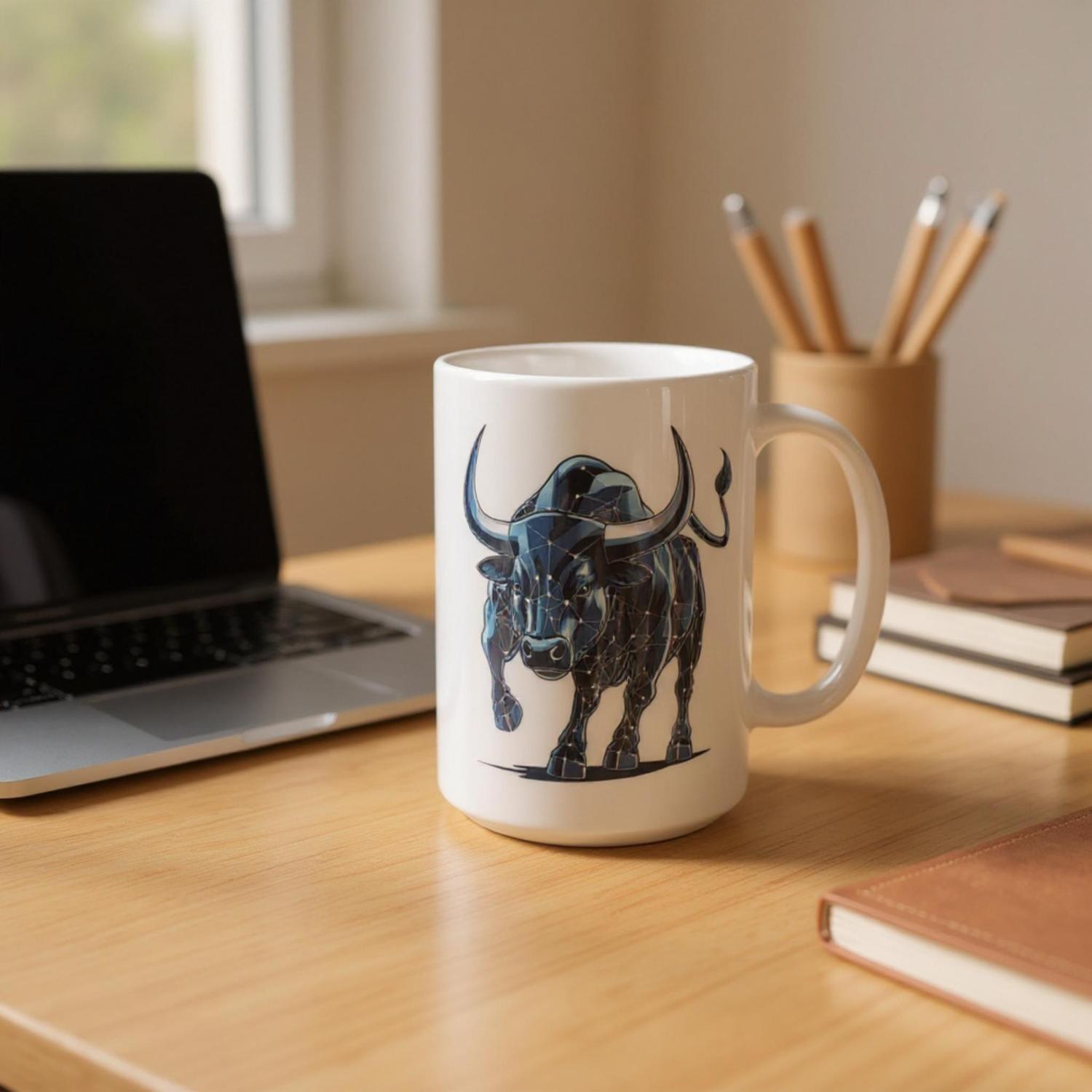White mug with a bull design on a wooden desk with a laptop and stationery.