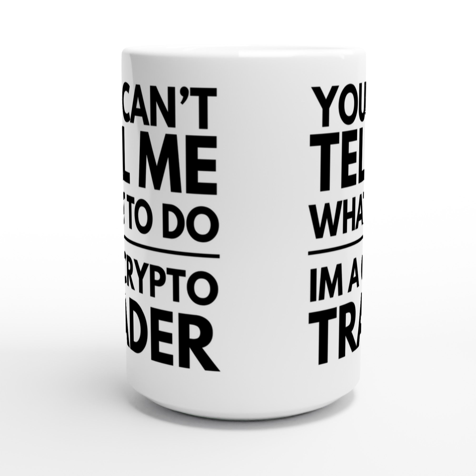 White mug with black text on a white background