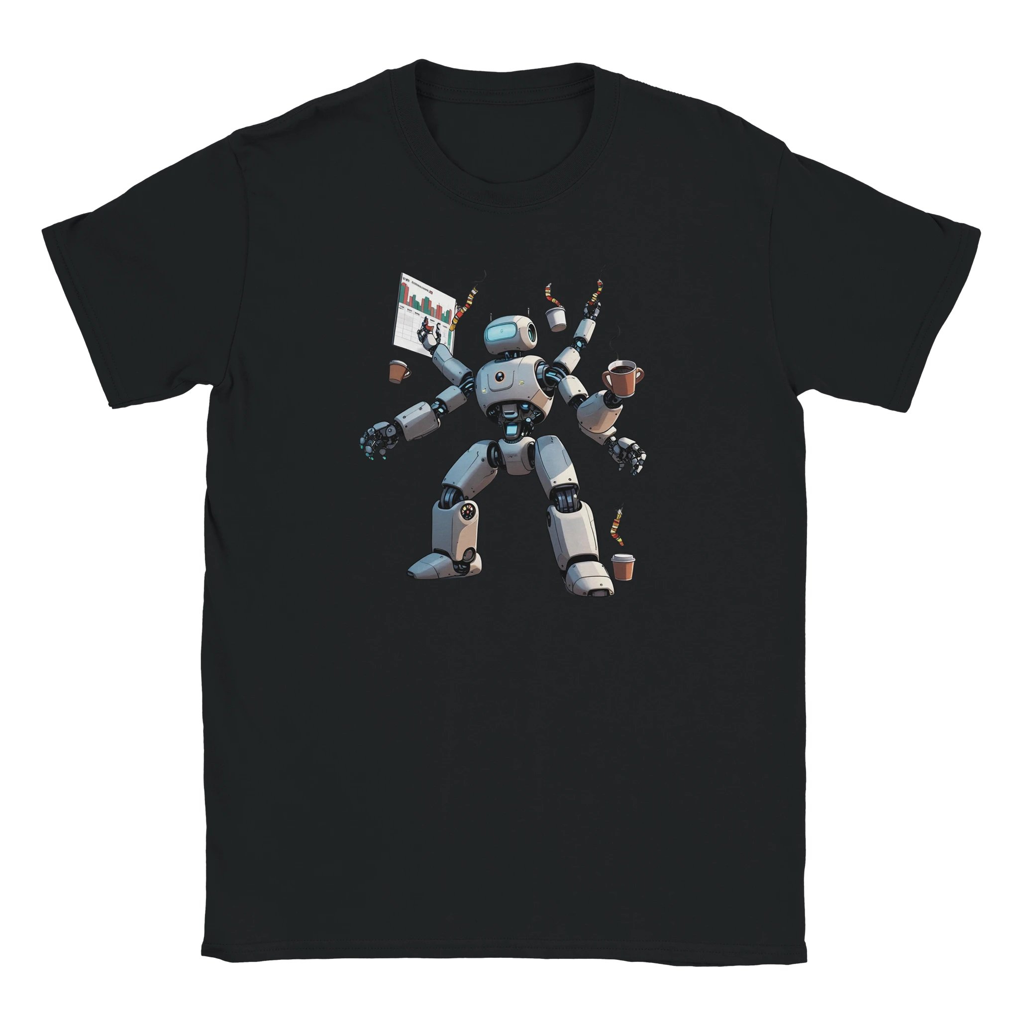 Black t-shirt with a robot graphic on a white background