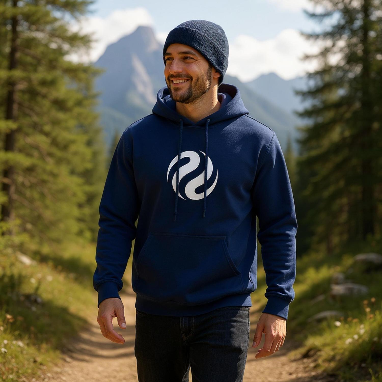 Man wearing a navy hoodie with a logo in a forest setting