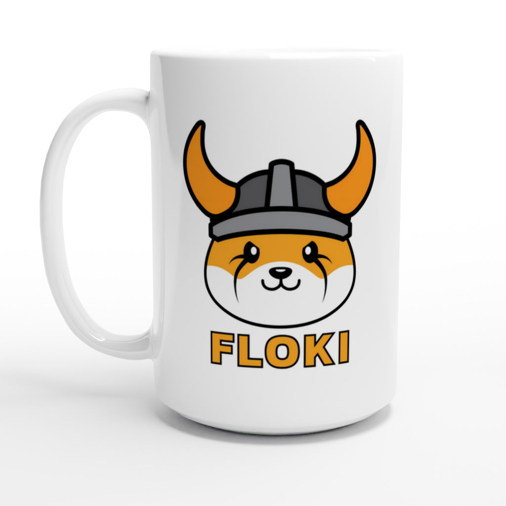 White mug with a cartoon dog wearing a helmet and 'FLOKI' text on a white background