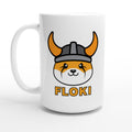 White mug with a cartoon dog wearing a helmet and 'FLOKI' text on a white background