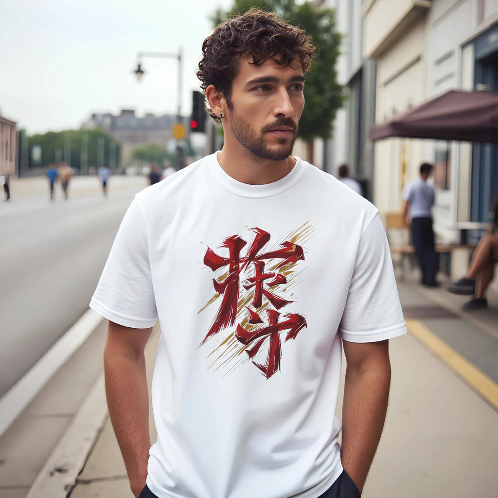 Man wearing a white t-shirt with red and gold graphic on a city street
