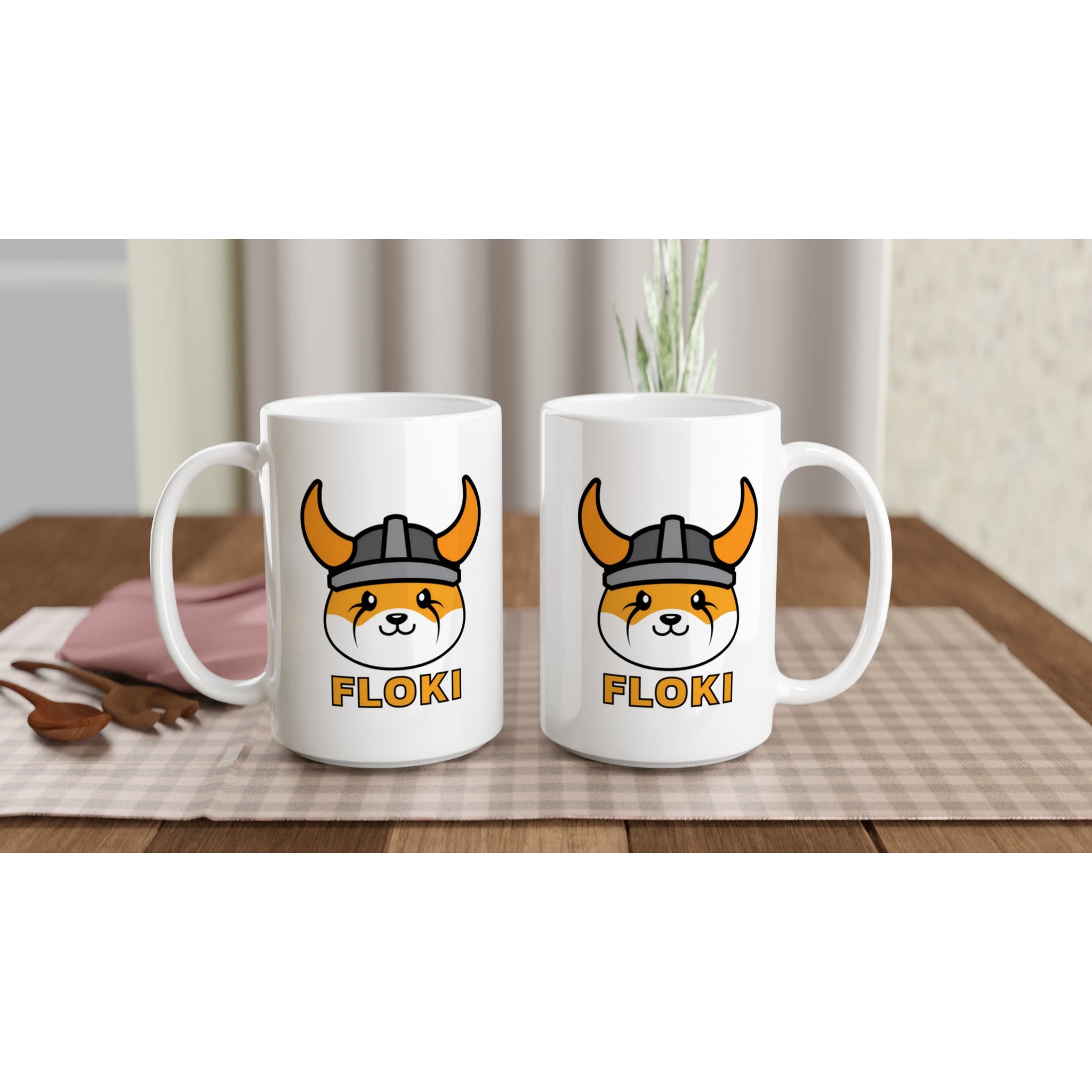 Two white mugs with a dog wearing a helmet and 'FLOKI' text on a checkered tablecloth.