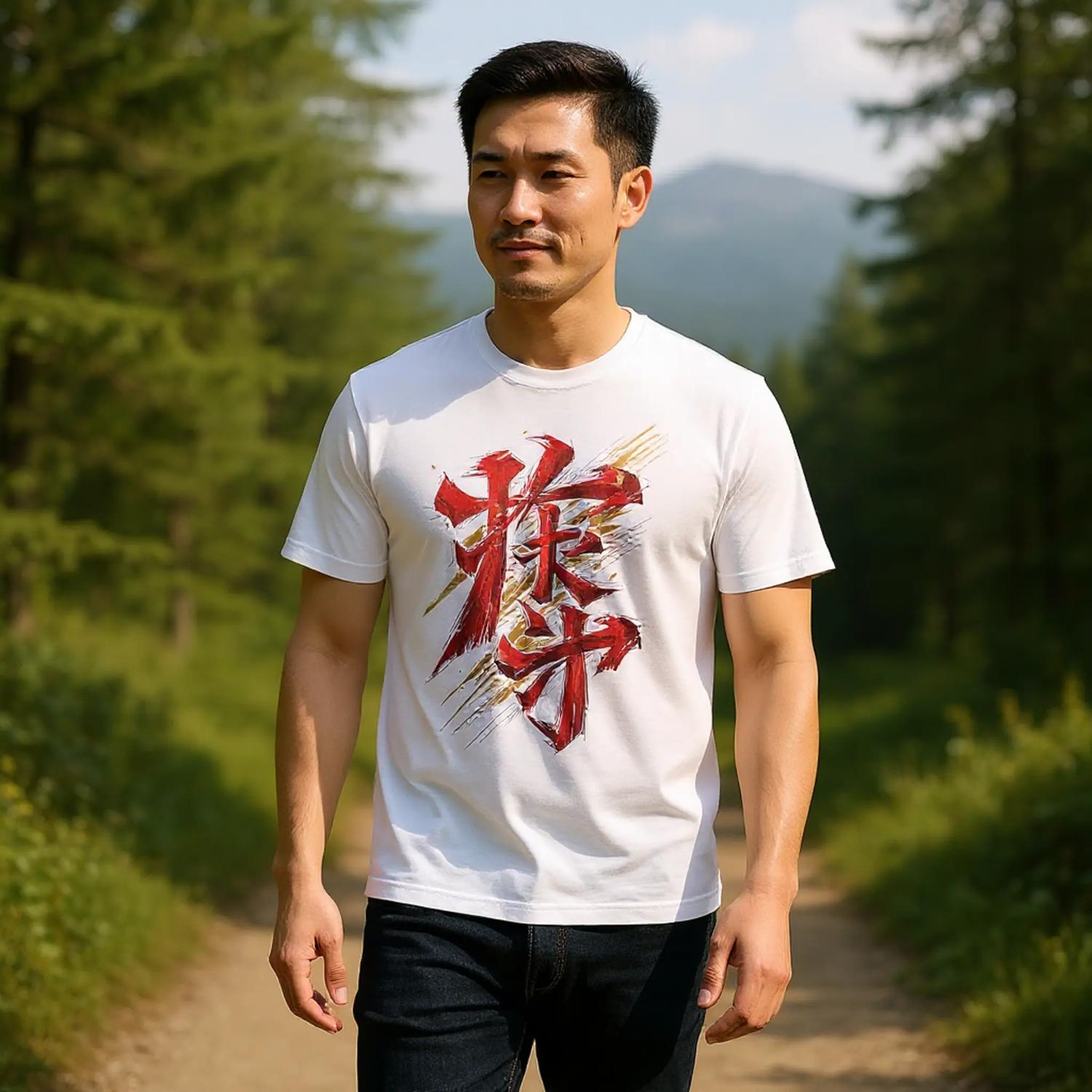 Man wearing a white t-shirt with red and black design outdoors