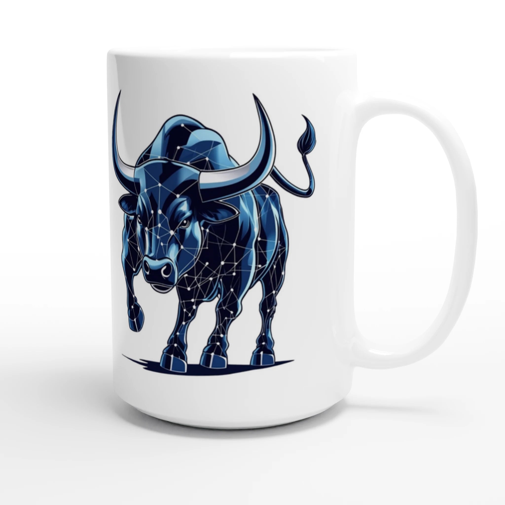 White mug with a blue bull design on a white background