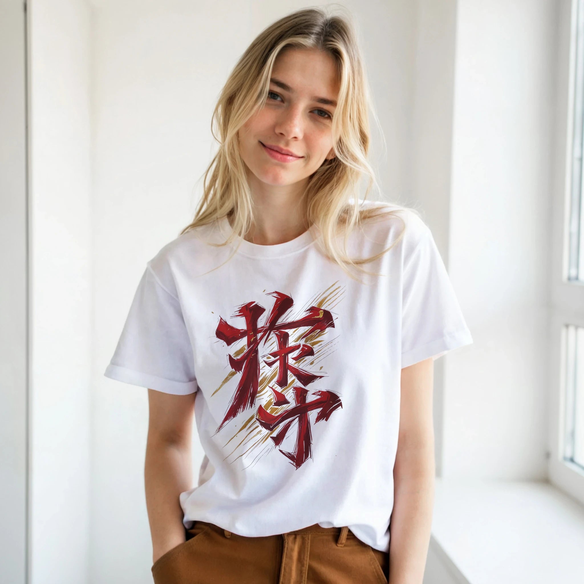 Woman wearing a white t-shirt with red and gold graphic design indoors.