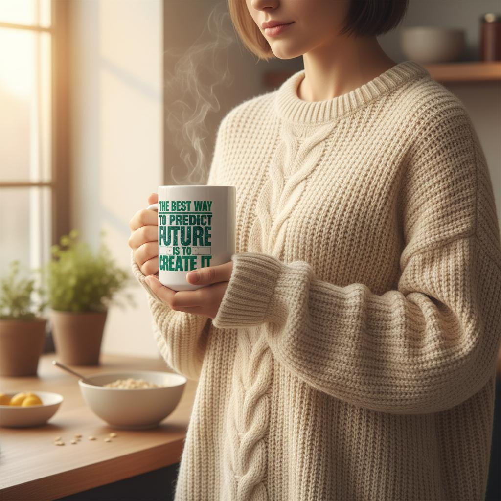 Person wearing a beige sweater holding a mug with text in a cozy indoor setting