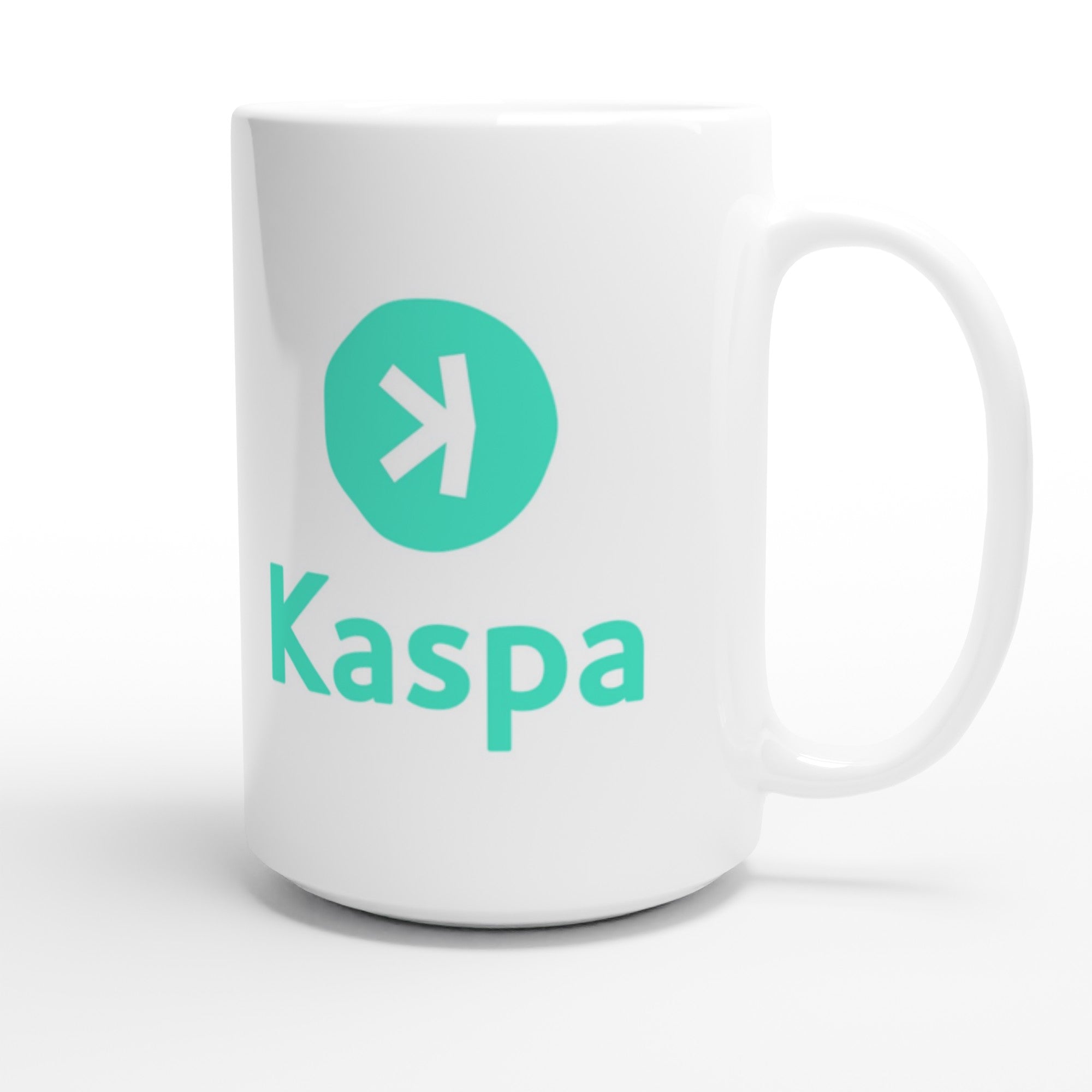 White mug with Kaspa logo on a white background