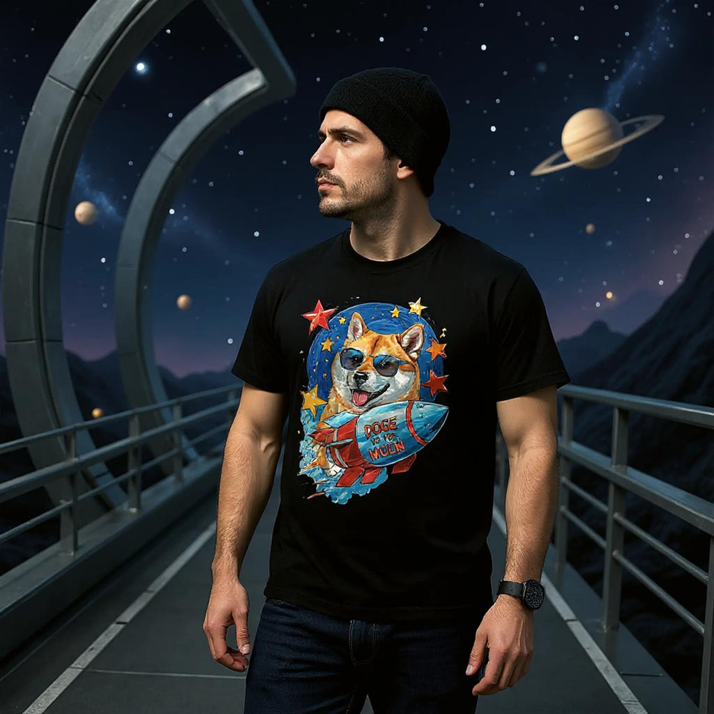 Man wearing a black t-shirt with a space-themed graphic design, standing in front of a futuristic space station background.