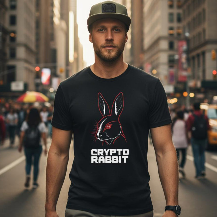 Man wearing a black t-shirt with 'Crypto Rabbit' design on a city street.