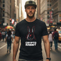 Man wearing a black t-shirt with 'Crypto Rabbit' design on a city street.