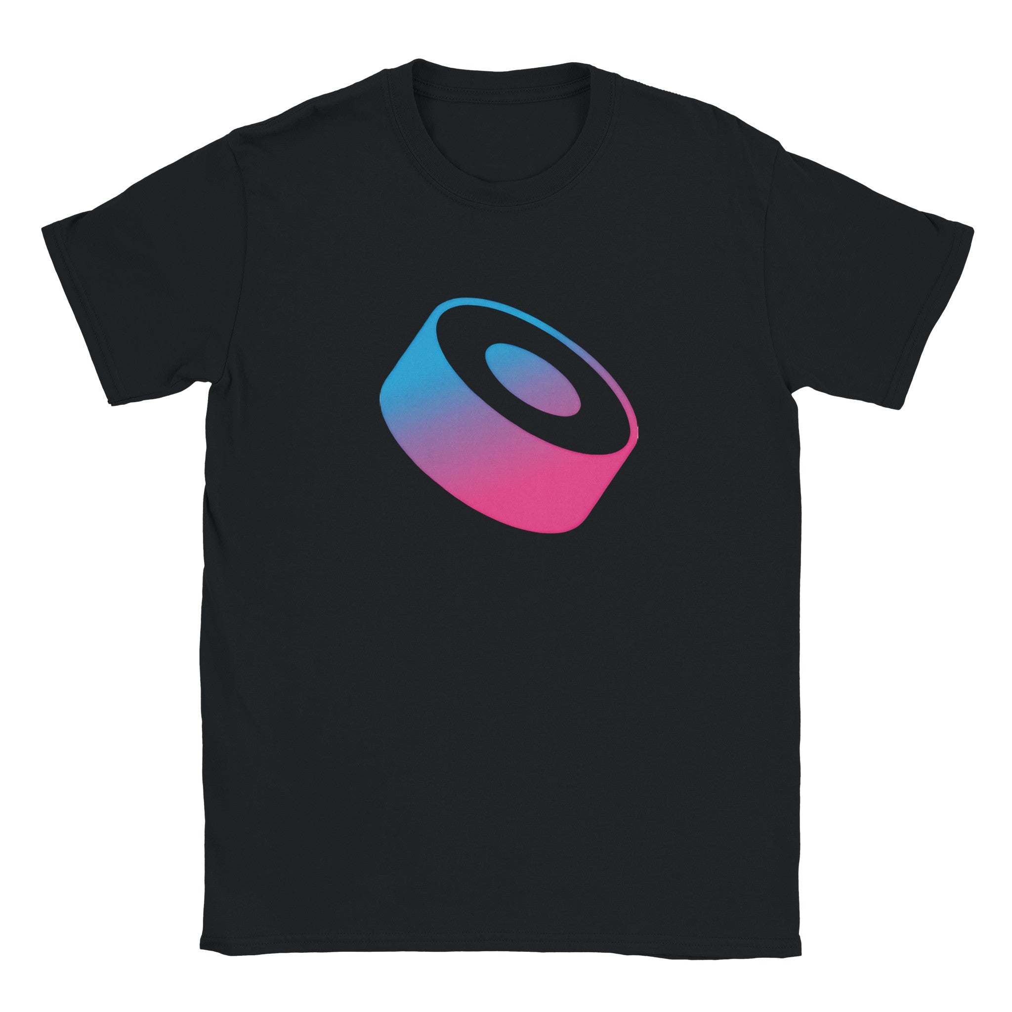 Black t-shirt with a colorful logo on a white background