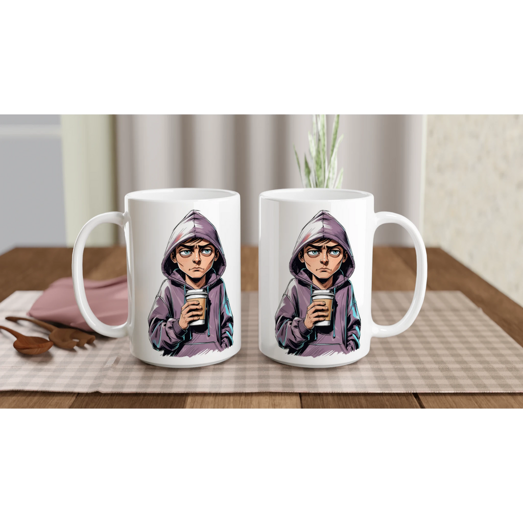 Two white mugs with a character in a purple hoodie holding a coffee cup on a wooden table.