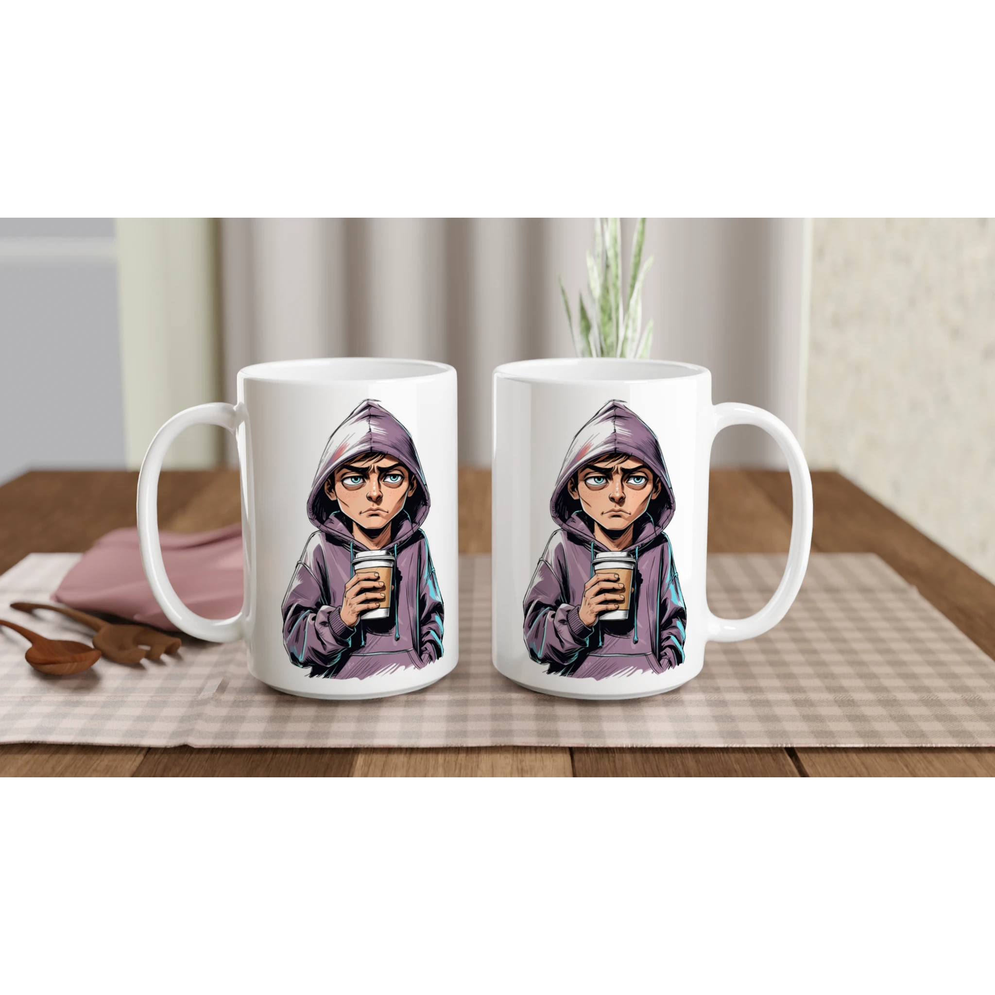 Two white mugs with a character in a purple hoodie holding a coffee cup on a wooden table.
