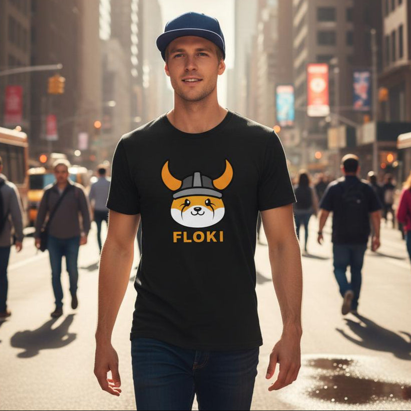 Man wearing a black t-shirt with a dog graphic and 'FLOKI' text on a city street.