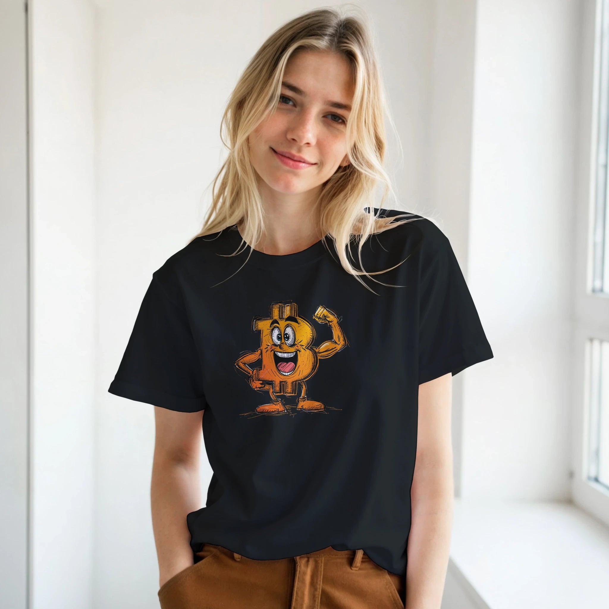 Person wearing a black t-shirt with a cartoon character design, standing indoors.