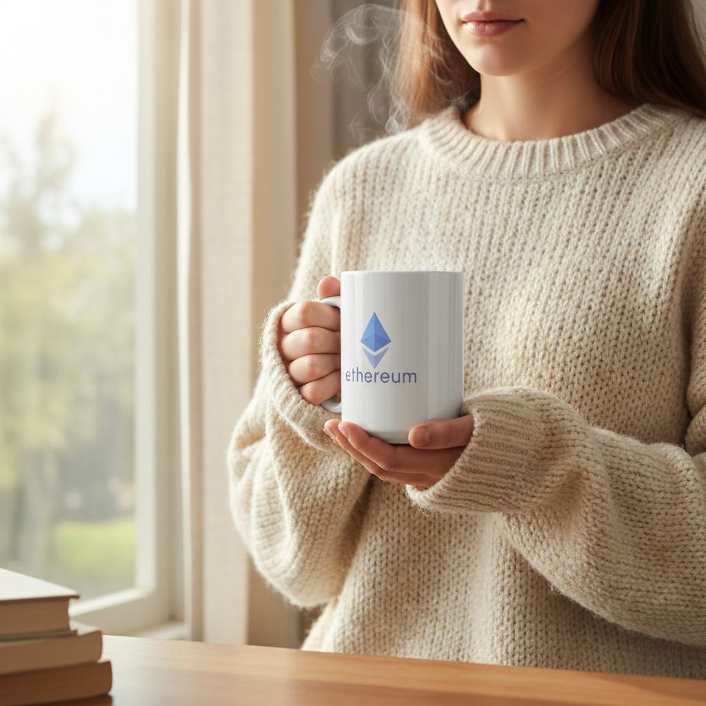 Person holding a mug with Ethereum logo by a window
