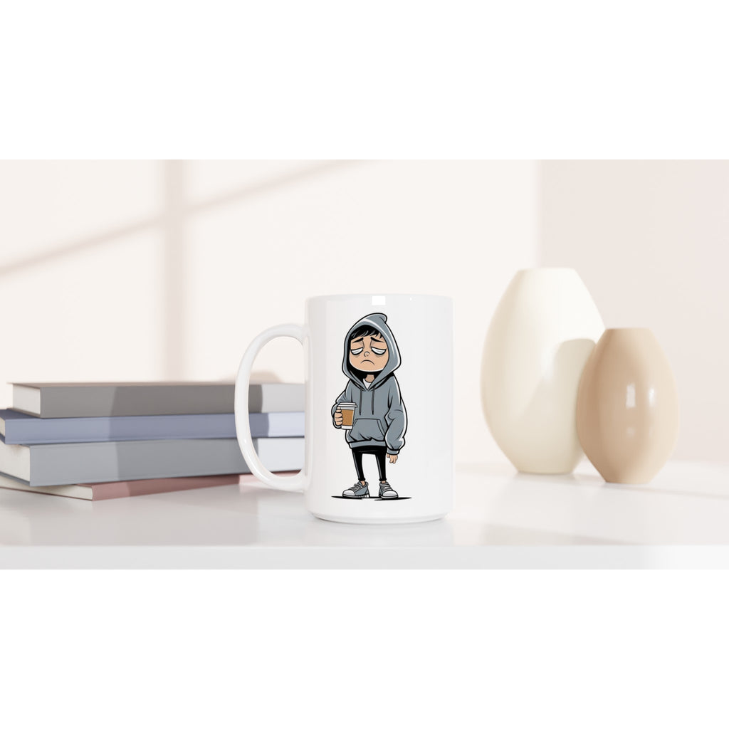 Mug with a cartoon character on a white surface with books and decorative items.