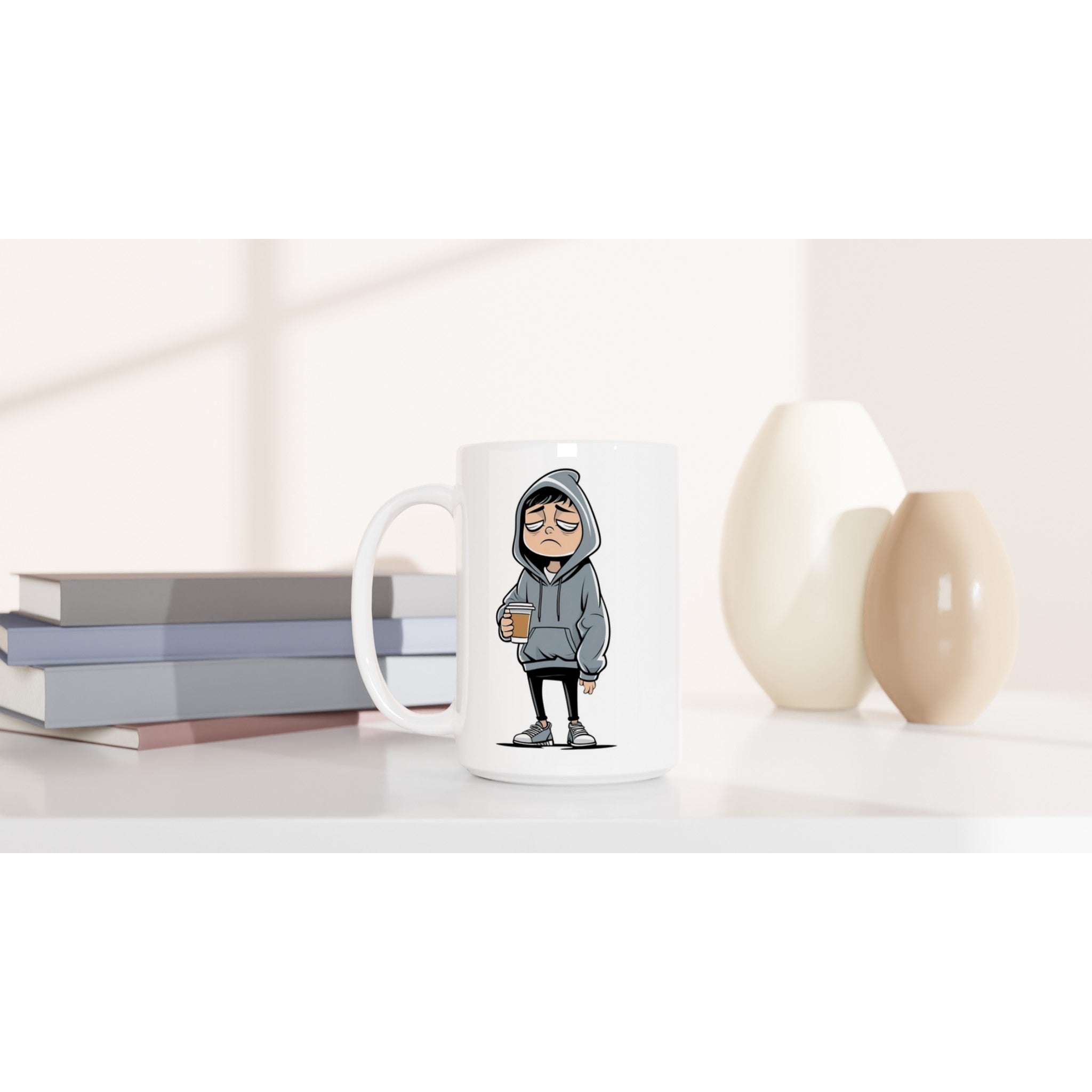 Mug with a cartoon character on a white surface with books and decorative items.