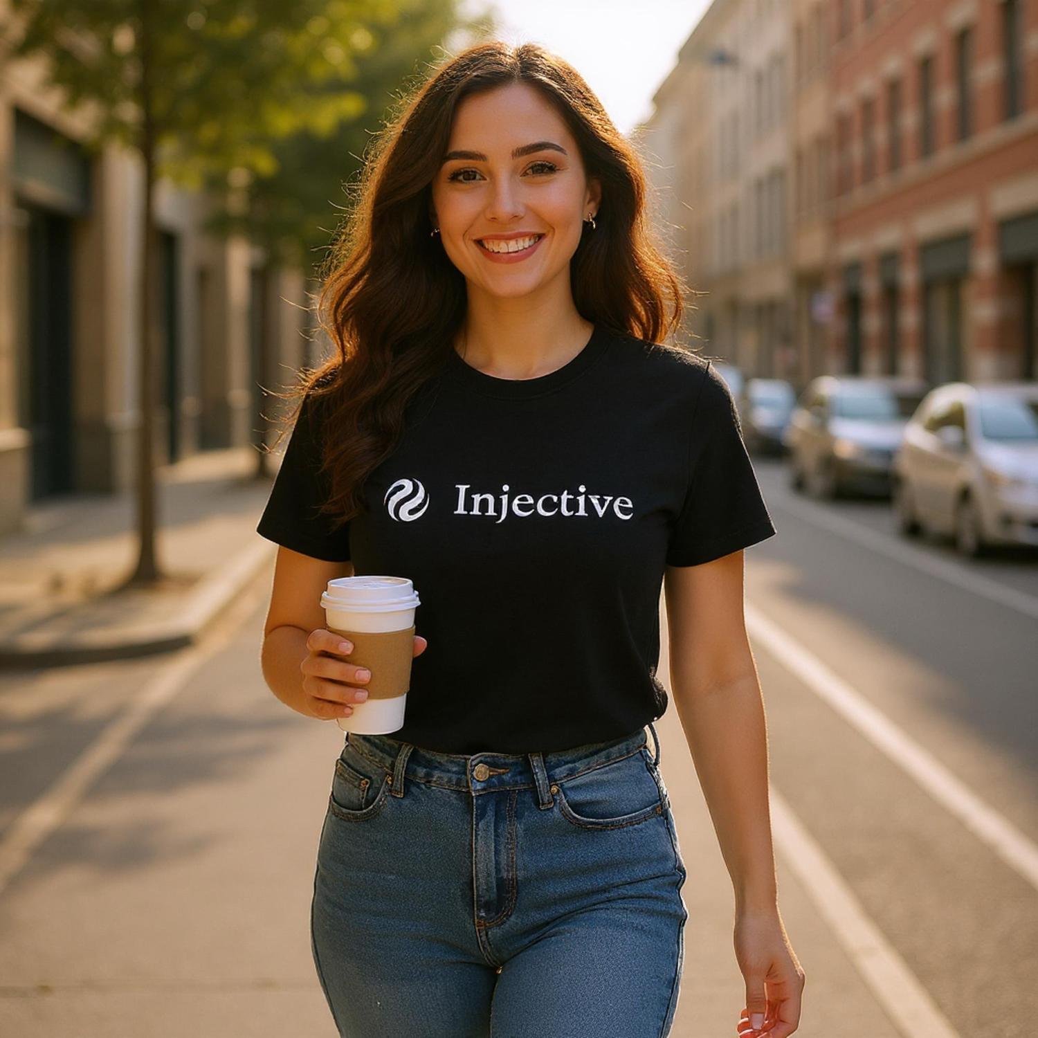 Woman walking on a street holding a coffee cup, wearing a black t-shirt with 'Injective' logo.