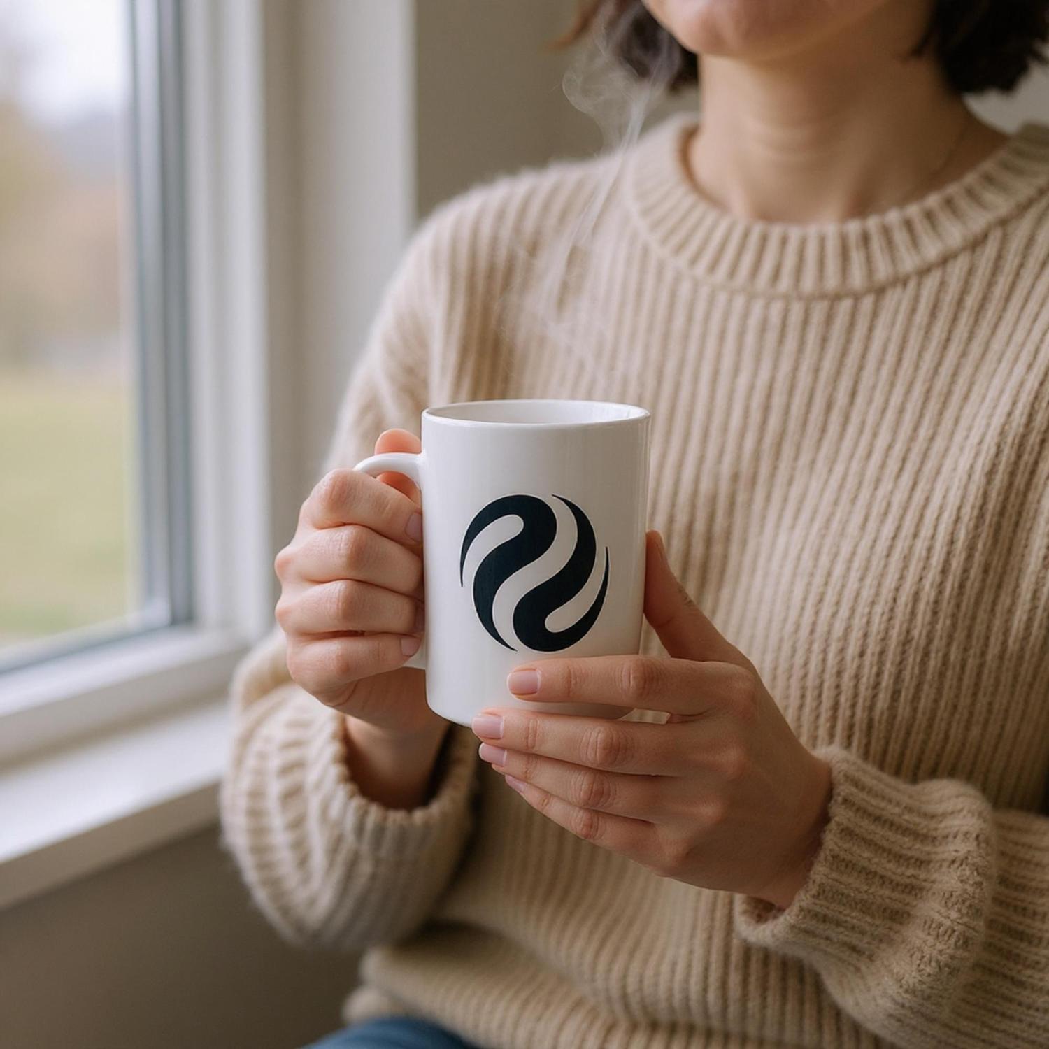 Person holding a white mug with a logo in front of a window