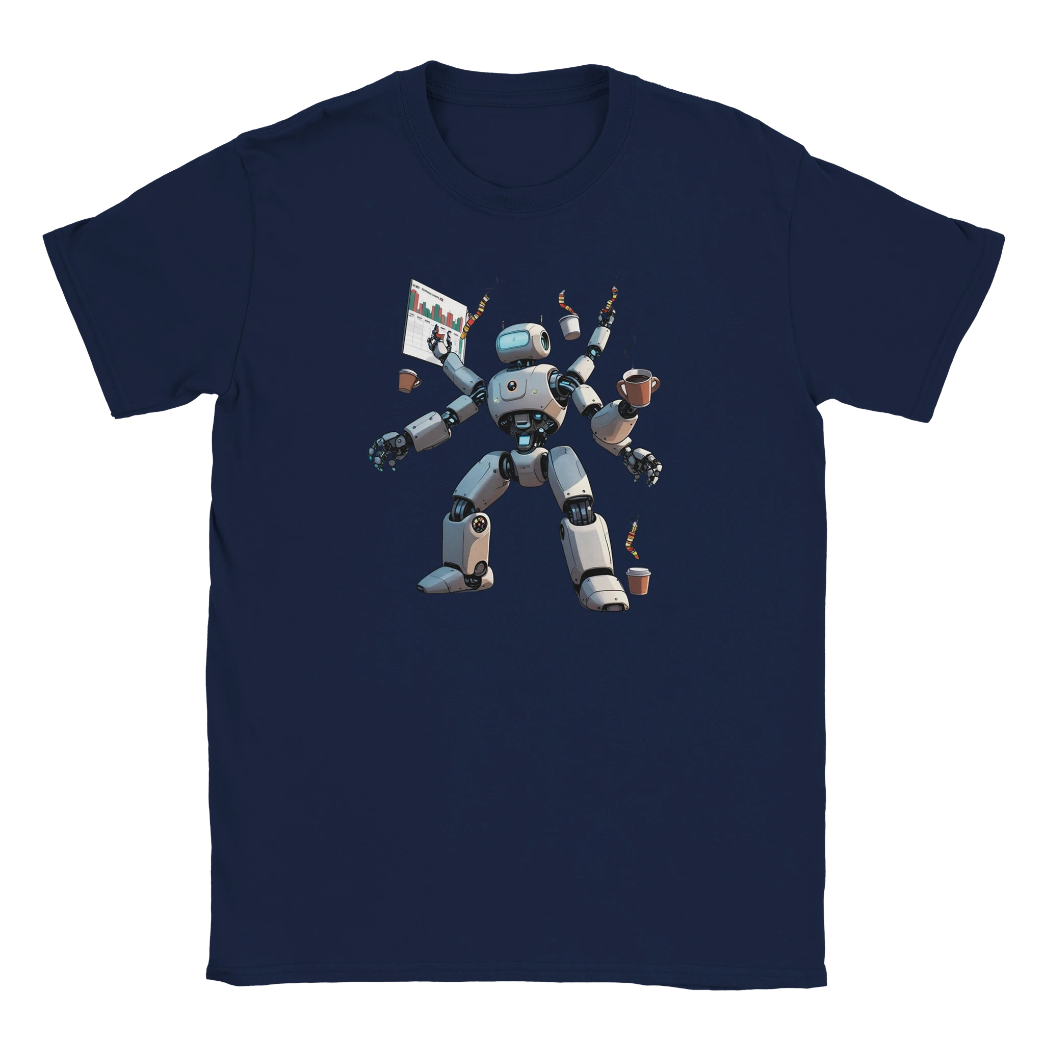 Navy blue t-shirt with a robot graphic on a white background