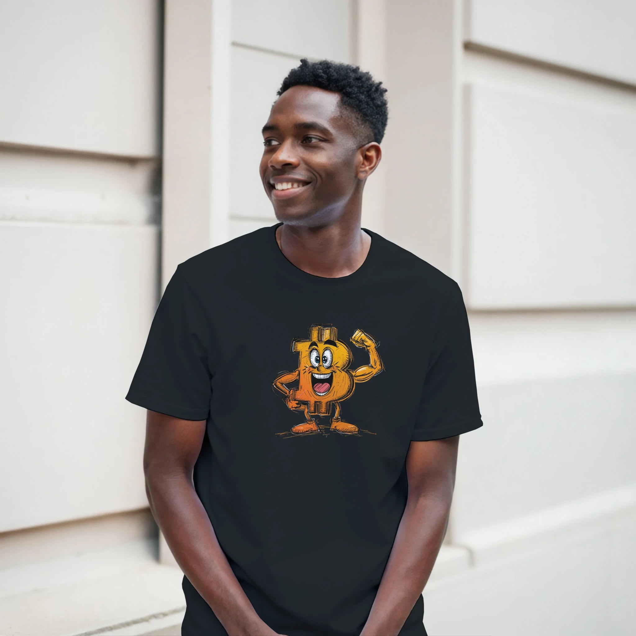 Person wearing a black t-shirt with a cartoon character on it, standing against a neutral background.