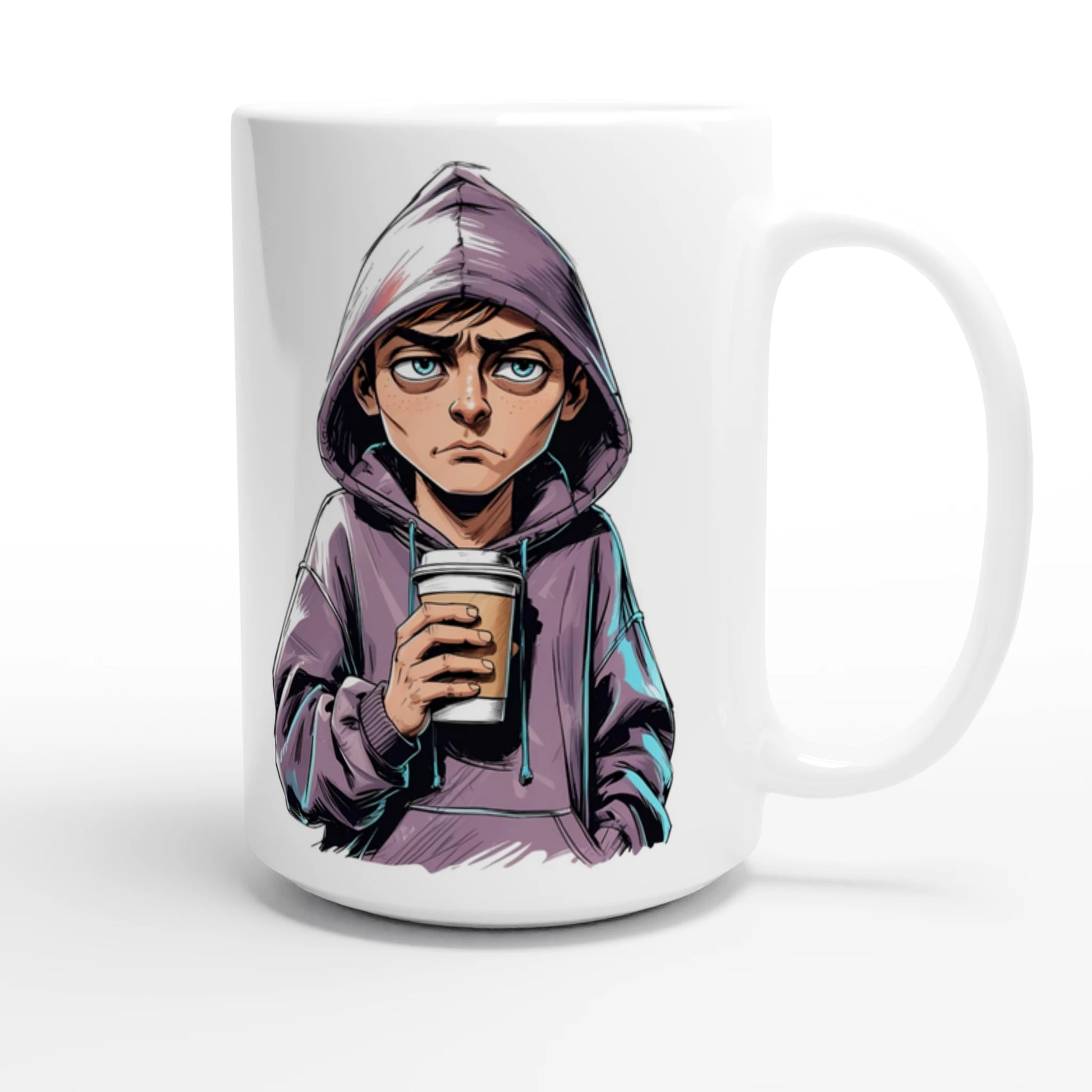 Mug with a graphic design of a person in a purple hoodie holding a coffee cup on a white background