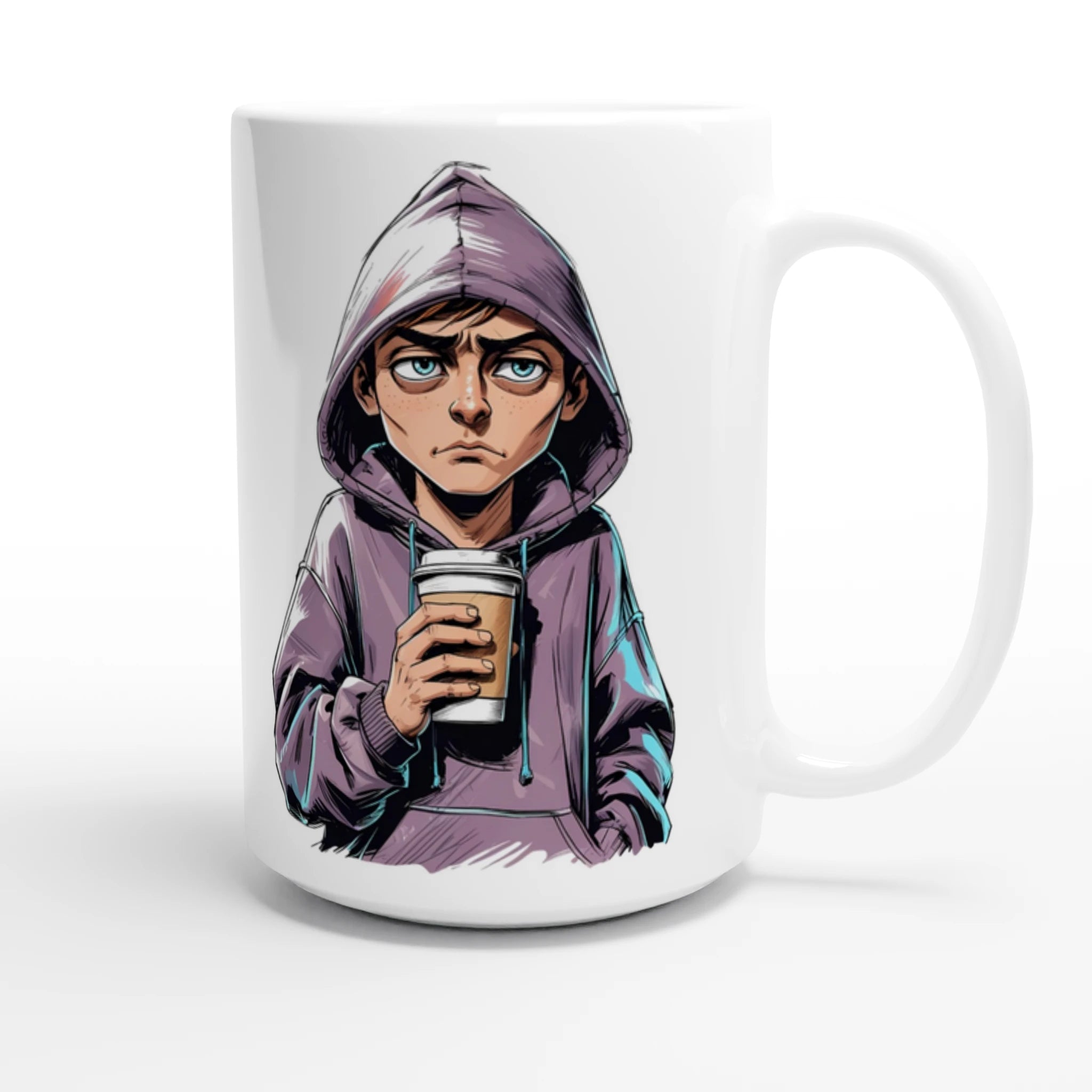 Mug with a graphic design of a person in a purple hoodie holding a coffee cup on a white background