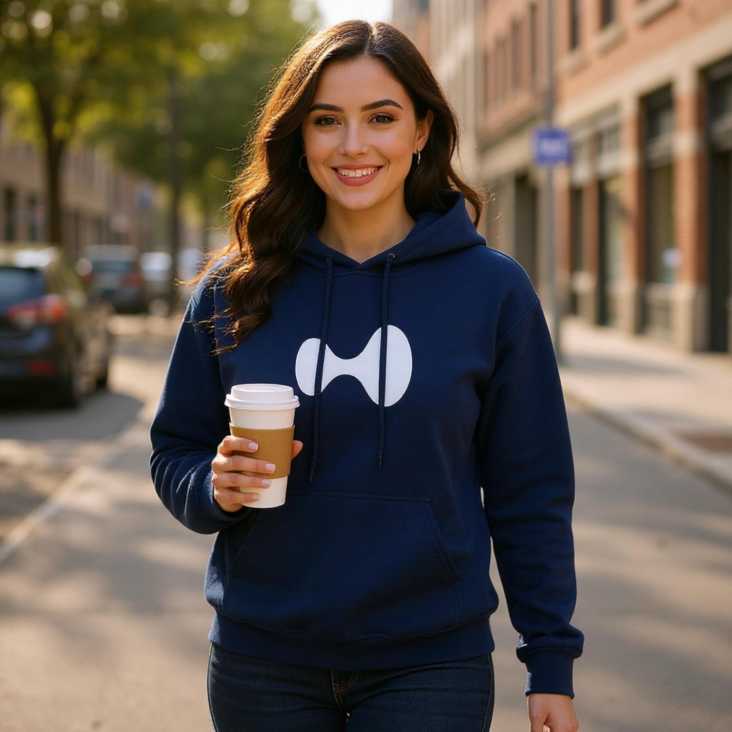 Woman wearing a navy hoodie with a logo, holding a coffee cup on a city street.