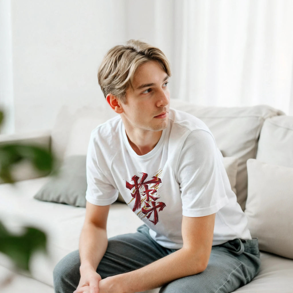 Person wearing a white t-shirt with red design sitting on a couch.