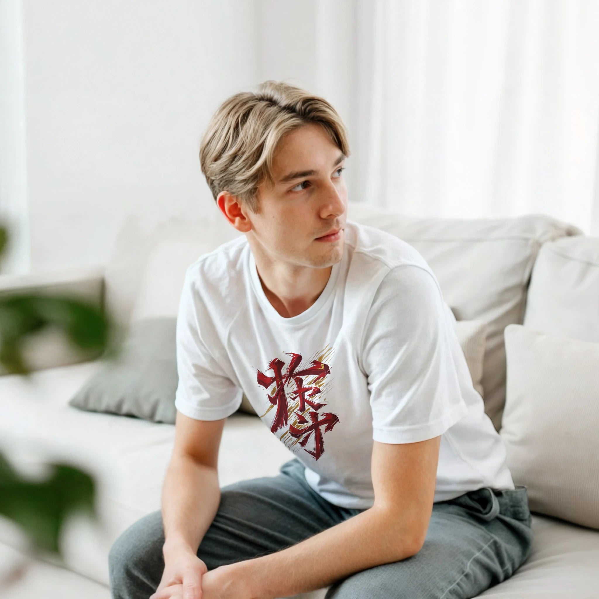Person wearing a white t-shirt with red design sitting on a couch.