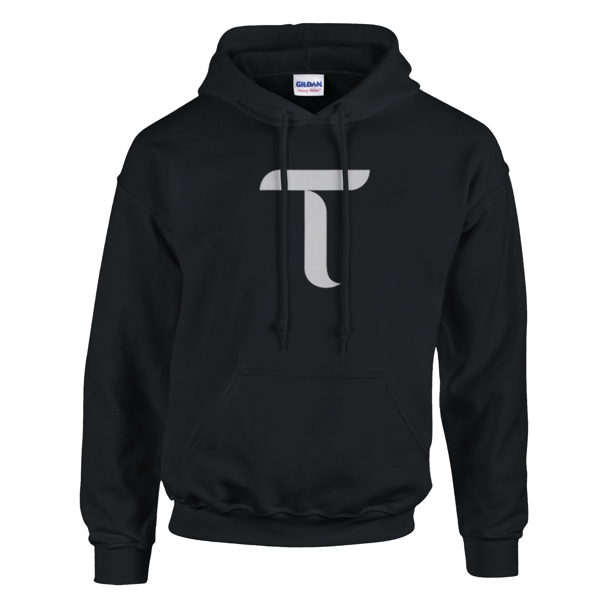 Black hoodie with a white logo on a white background