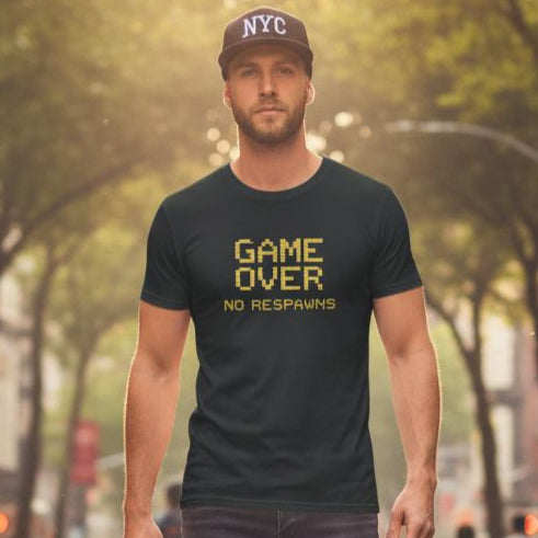 Man walking on a city street wearing a black t-shirt with text and a cap, with a taxi and buildings in the background.