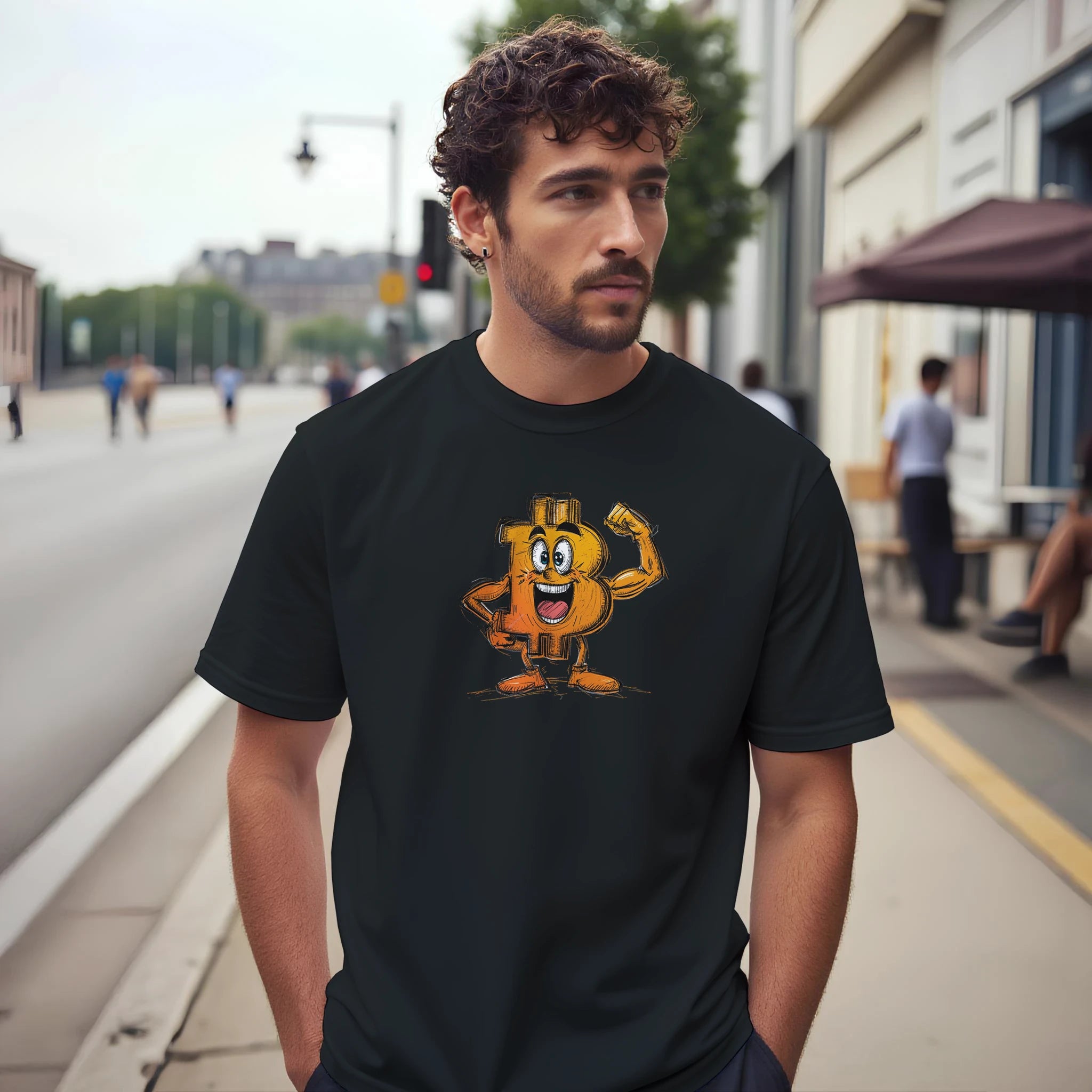 Man wearing a black t-shirt with a cartoon character on a city street