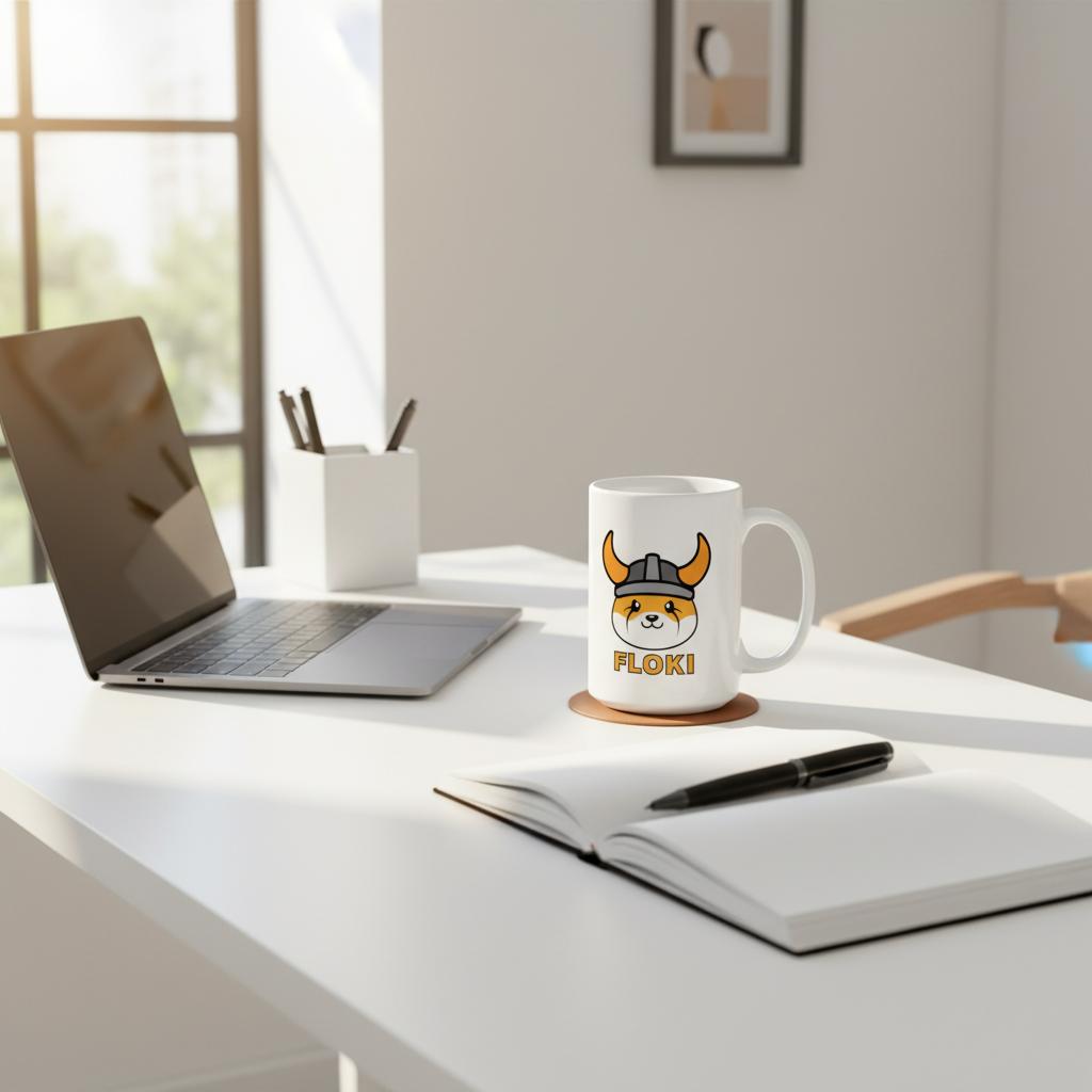 White mug with a cartoon character and 'FLOKI' text on a desk with a laptop and notebook.