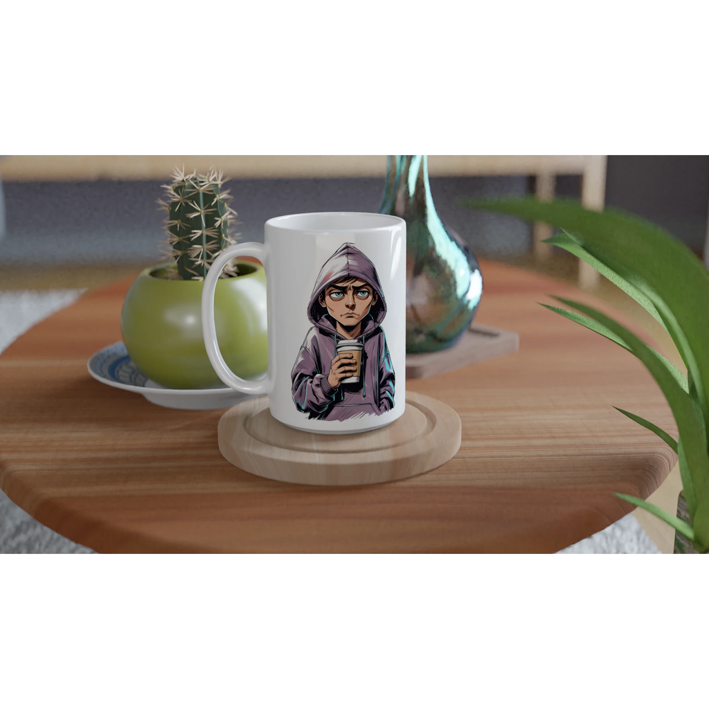 Mug with a graphic design on a wooden table with plants
