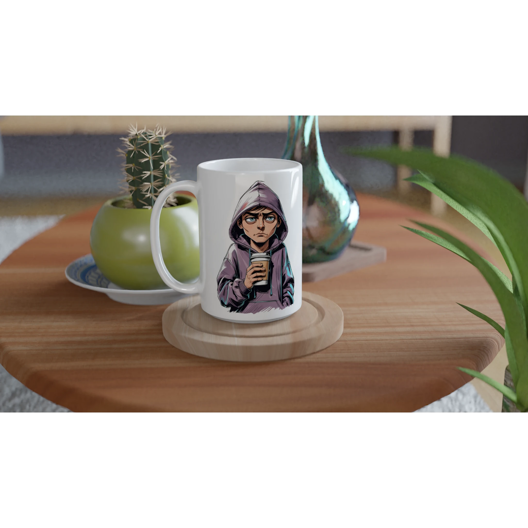 Mug with a graphic design on a wooden table with plants