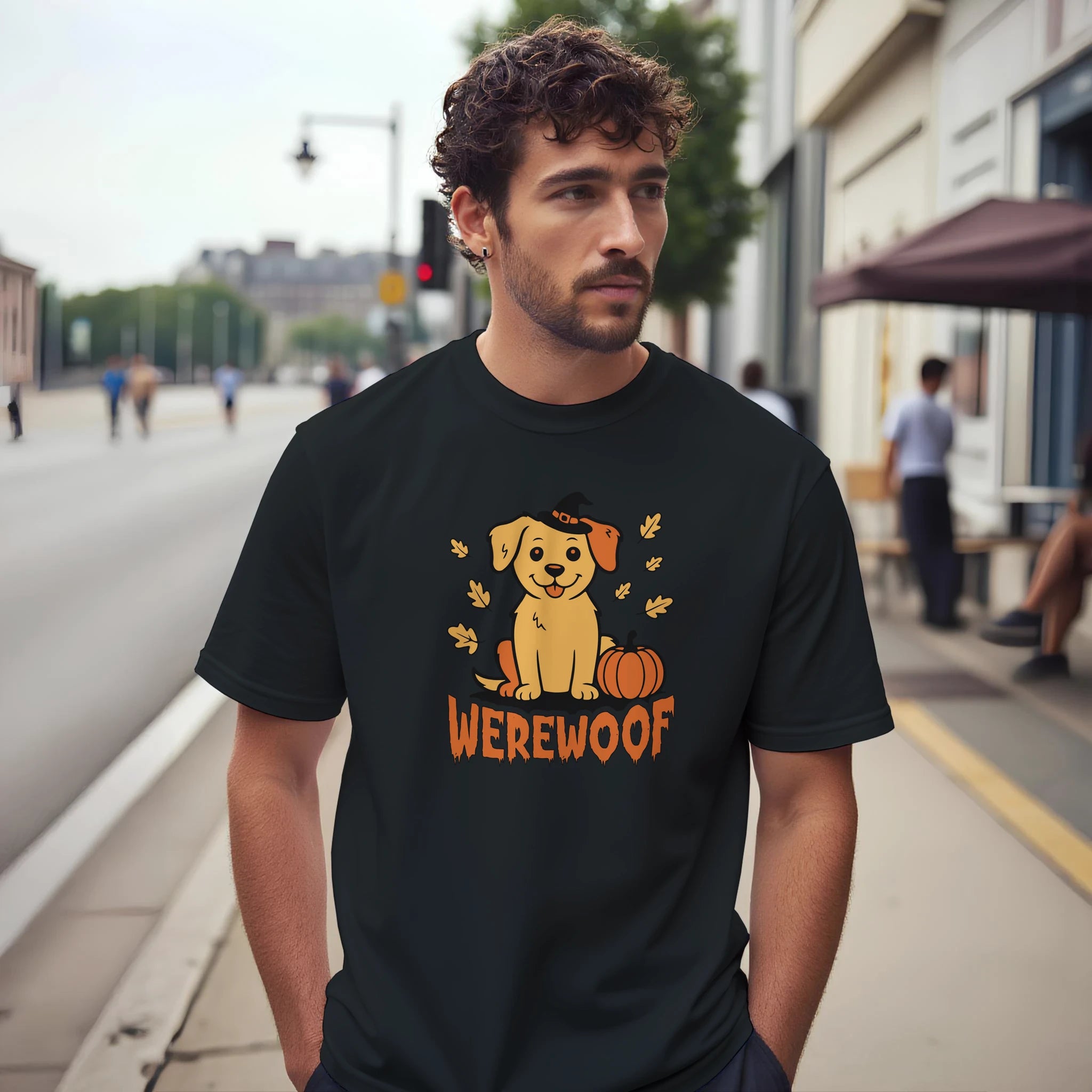 Man wearing a black t-shirt with a dog graphic and 'WEREWOLF' text on a city street.